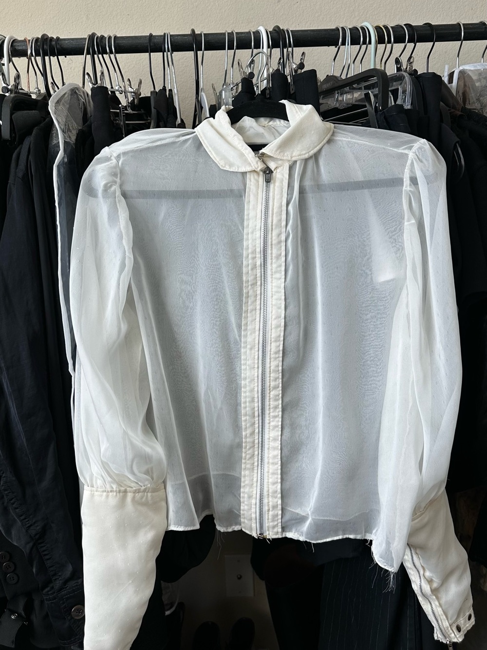 VINTAGE Sheer White Zip-Front Blouse Size-XS/S